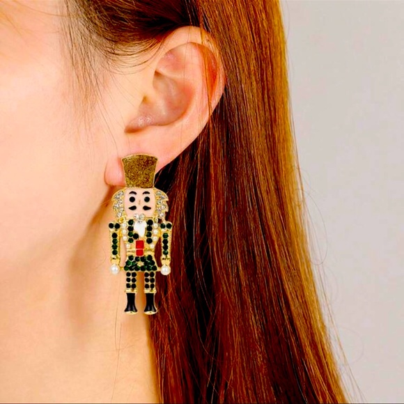 Rhinestone Christmas Nutcracker Soldier Colorful Holiday Glam Earrings - Picture 2 of 6